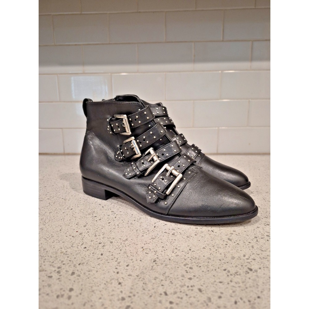 REBECCA MINKOFF Women's Maddox Leather Studded Buckle Booties Sz 7M